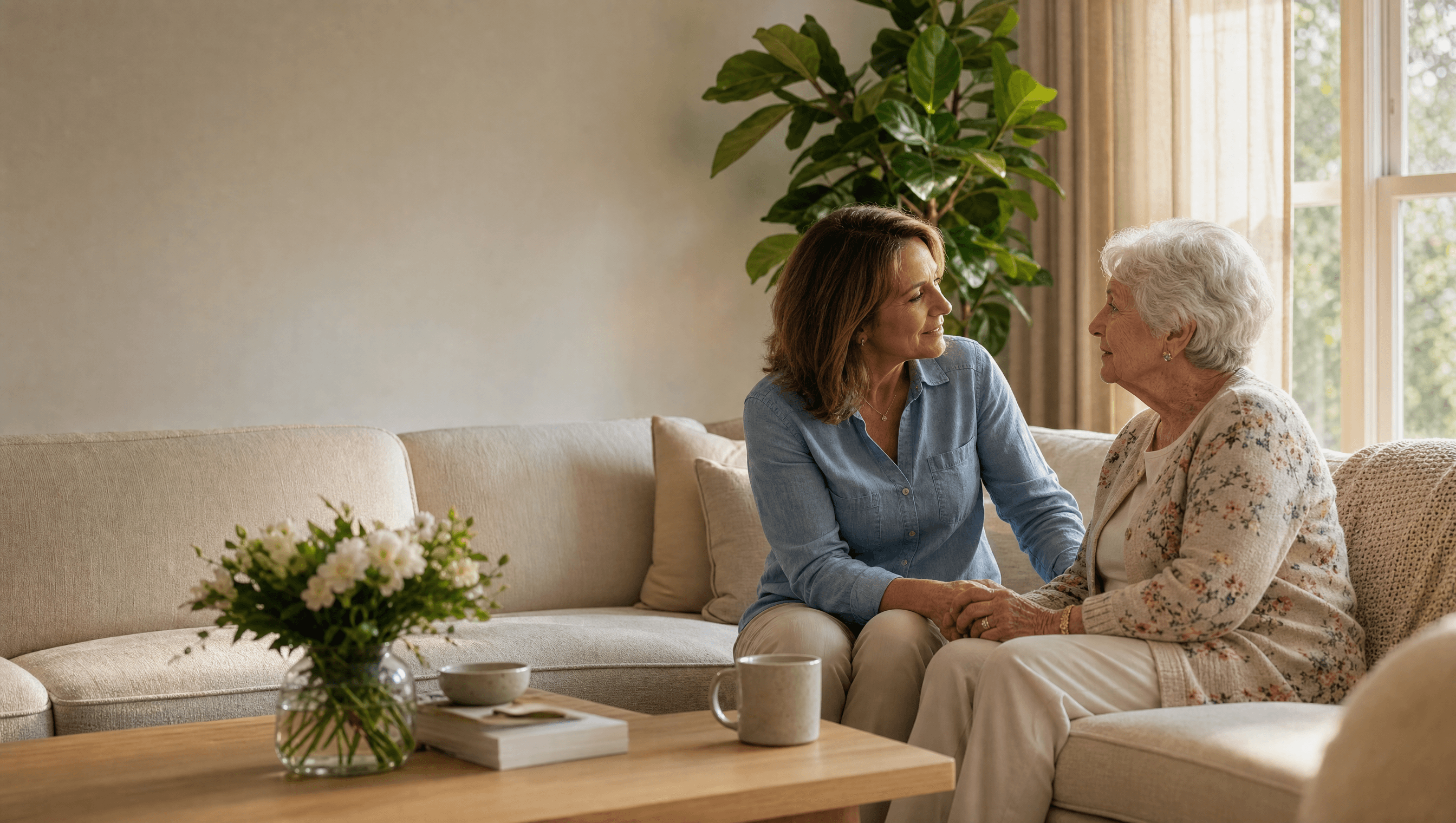 Adult daughter helping her mother review Medicare Advantage plan options
