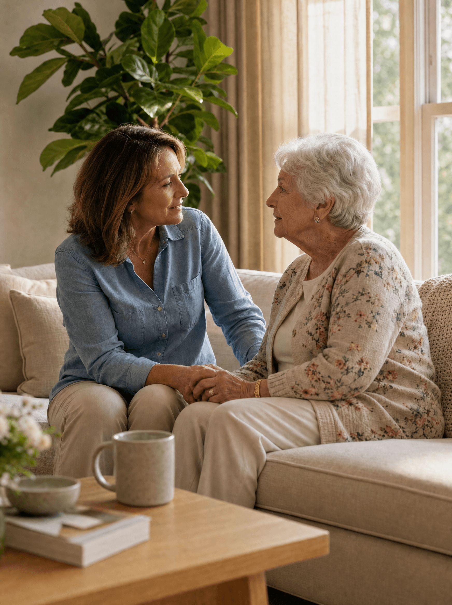 Adult daughter helping her mother review Medicare Advantage plan options